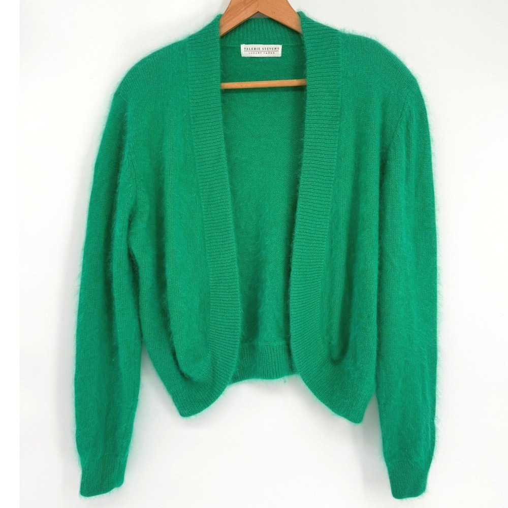 VTG 90s Valerie Stevens Emerald Green Angora Blend Open Cropped Cardigan Shrug